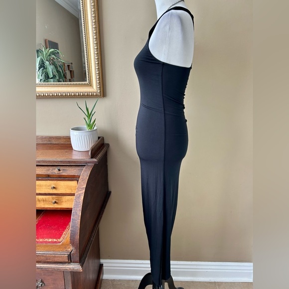 L*Space Ruched Midi Dress Black Racerback Side Slit Asymmetrical Cover-up S - Picture 4 of 8